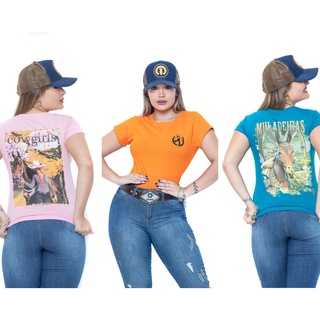 kit com 3 Camiseta Muladeira feminina , mula, country, blusa, vaqueijada camisa rodeio folia traiada cavalgado muladeiros fio 30 100% algodão