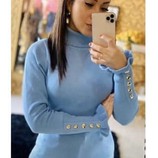 blusa moda feminina tricot linha Gola chacharrel manga babado botao sueter lançamento 2022