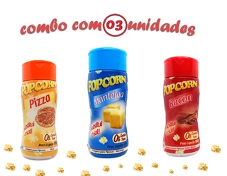 Combo 3 Tempero para Pipoca Popcorn Sabores Manteiga, Pizza e Bacon