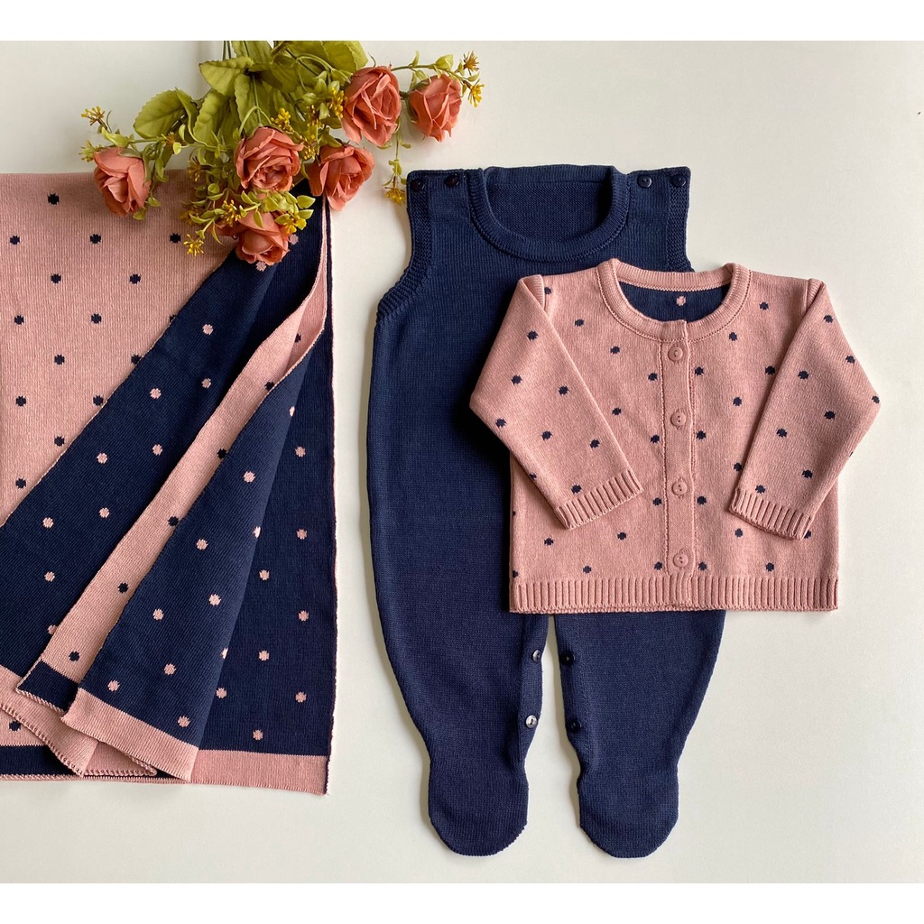 Saída de maternidade menina tricot poá rosê com azul marinho 3 peças