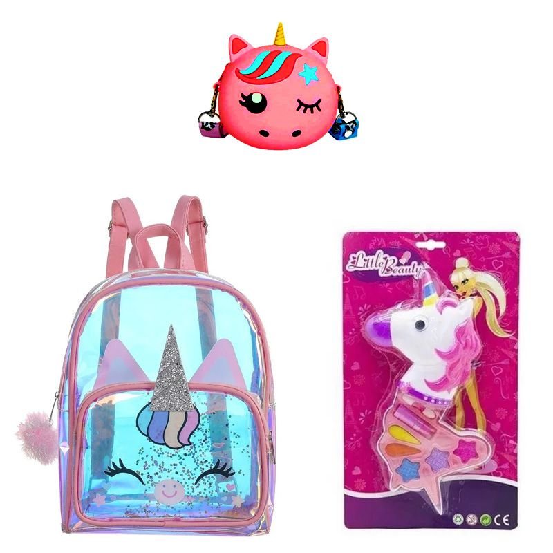 Kit Infantil Mochila Holográfica Bolsa e Maquiagem Unicórnio