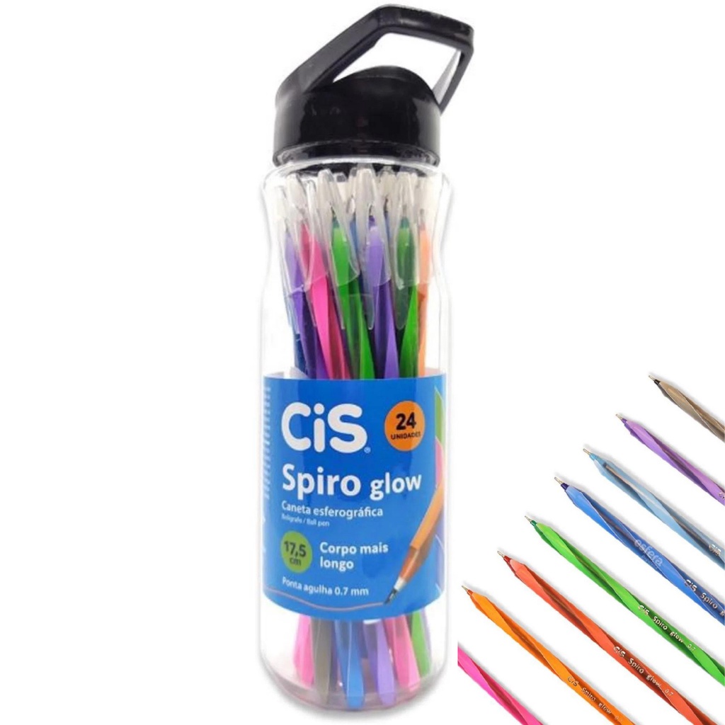 Caneta Esferográfica 0.7mm Spiro Glow Cores Sortidas Cis - 1 Pote Com 24 Unidades - Escrita Macia -Material Escolar - Papelaria - Estudo - Escola - Estudar - Escolar