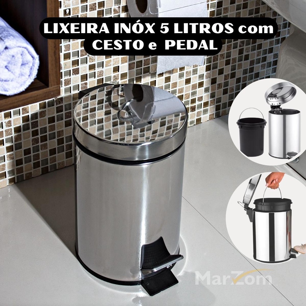 Lixeira de Inox 5 Litros com Pedal Cesto e Balde com Alça para Banheiro Cozinha e Pia Lixeiro com Pedal Inox 100%