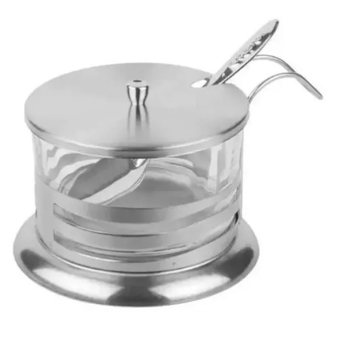 Açucareiro de Vidro Com Colher de Chá Revestido em Aço Inox