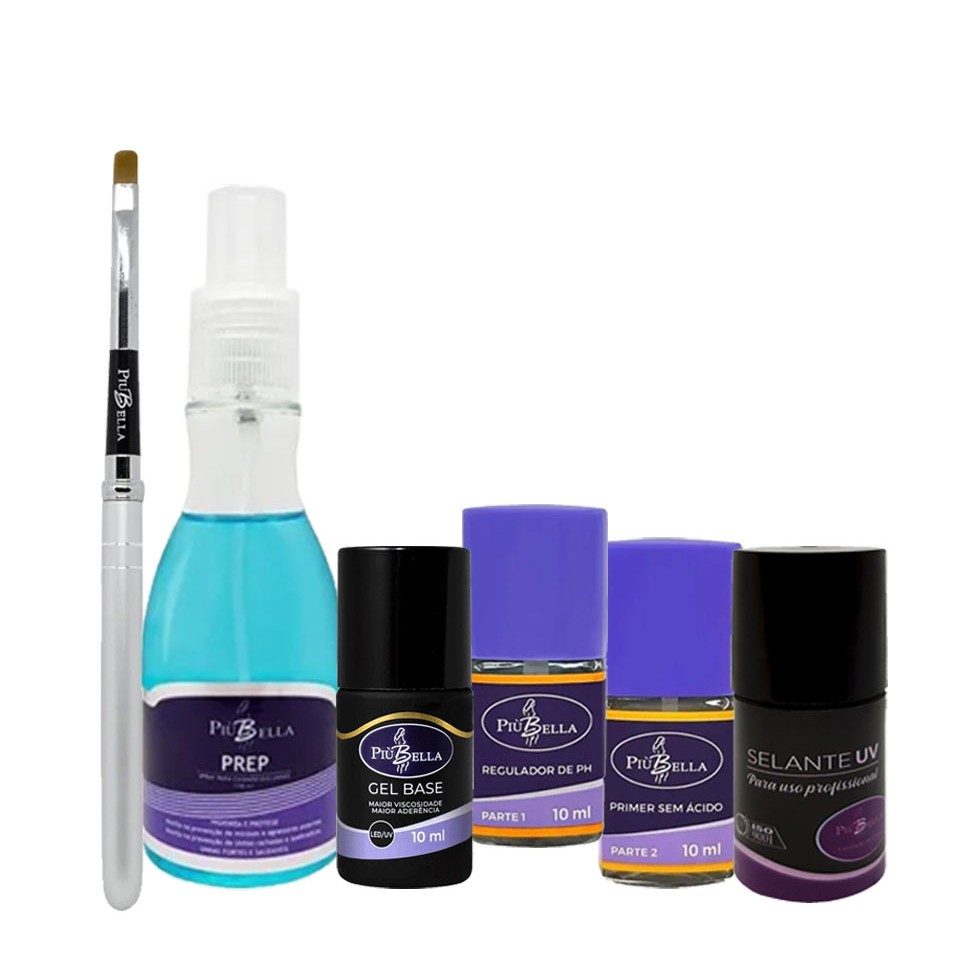 Kit Piubella Desidratador + Primer Sem Acido + Top Coat + Gel Base