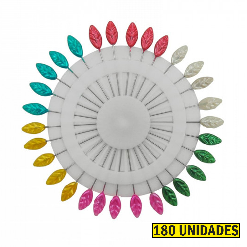 Alfinete Longo Cabeca Folha Colorido Costura 180 Unidades