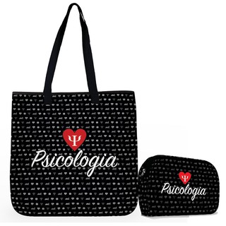 Kit Bolsa Tiracolo + Nécessaire - Coleção Profissões - Neoprene - Psicologia Corações Preto
