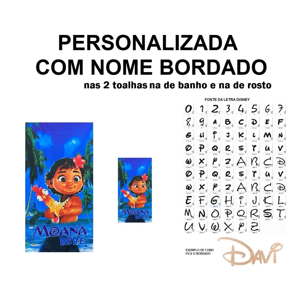 PERSONALIZADA NOME BORDADO kit Toalha de Banho Infantil Moana Baby AZ + Toalha de Rosto