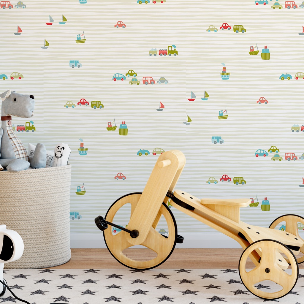 Papel de Parede Infantil Carros Fundo Verde - Nido - Rolo com 10 Metros - Vinílico - Rolo com 10 Metros - Cobre aproximadamente 4,5 m2