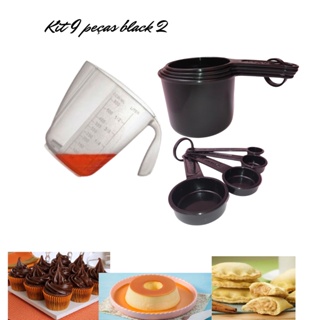 Medidores completos com 9 peças jarra, xicara e colheres (preto), todas as suas receitas sem erro em Oferta na Shopee