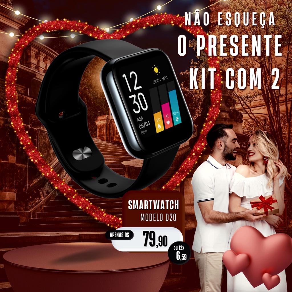 Kit Namorado Com 2 Relogio Inteligente Smartwatch Y68 D20 Pro Rosa e Preto