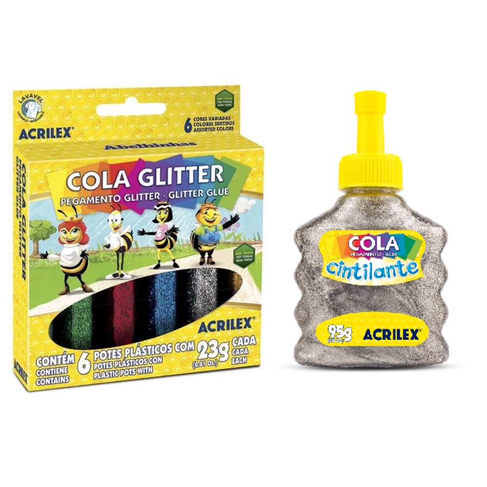 Cola Glitter 6 Cores + Cola Cintilante 95g Prata Acrilex