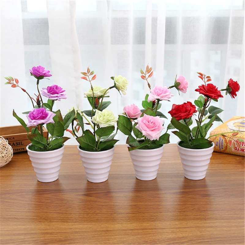 1 Conjunto De Seda Artificial Rosa Flor Bonsai Com Vaso De Plástico Branco Planta Festa De Casamento Natal Decoração Par