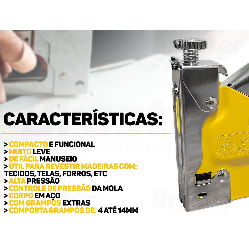 Detalhes do Grampeador Profissional P/ Madeira Tapeçaria + 1200 Grampos Fertak