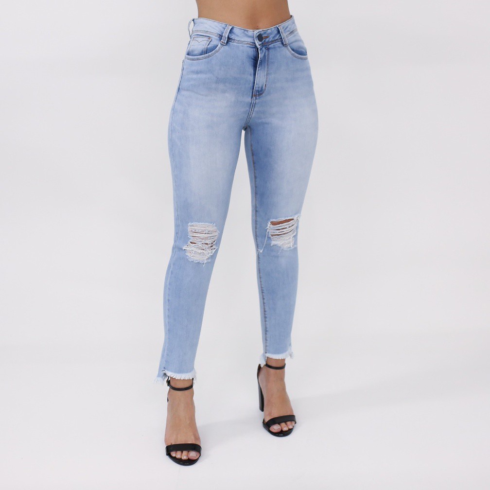 Calça Jeans Hot Pant Skinny Destroyed Azul Claro Lady Rock