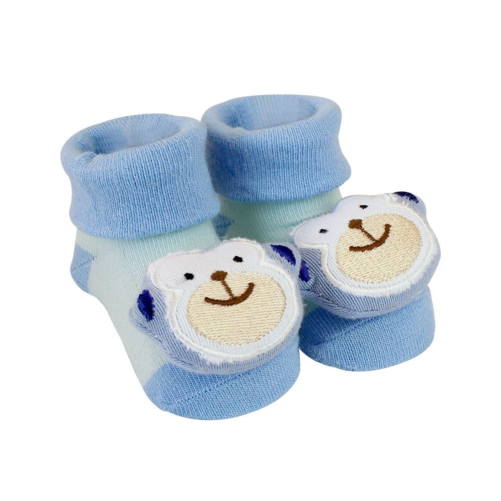 Pantufa Bebê Antiderrapante Chocalho Macaquinho Azul Menino Clingo
