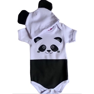 Kit Body Bebê - Urso Panda com Touquinha