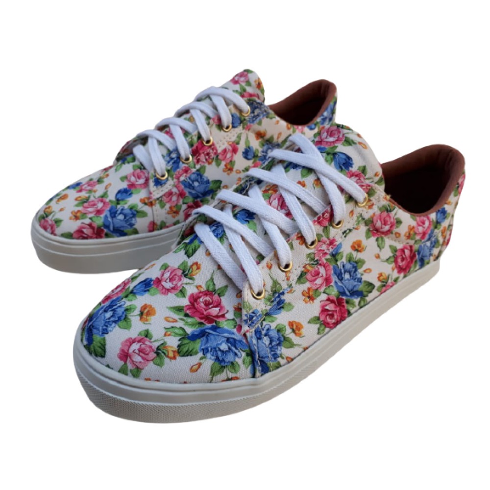 tênis feminino bege floral sapatênis confort casual yone em Oferta na Shopee