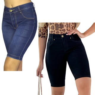 Kit 2 Bermudas Jeans Feminina Cos Alto Ciclista Modelagem Levanta Bumbum
