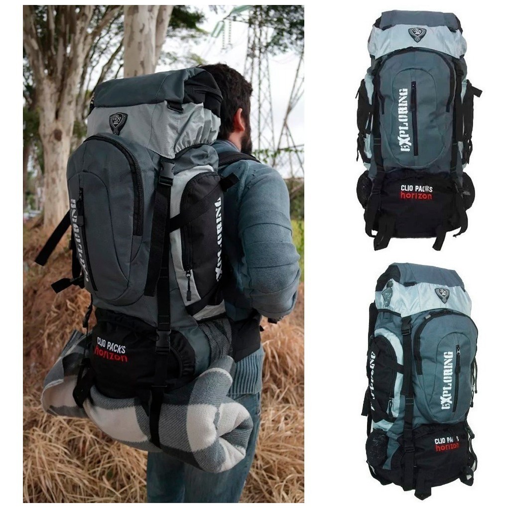 Mochila Camping Trilha Acampamento 55l Reforçada Clio Cinza
