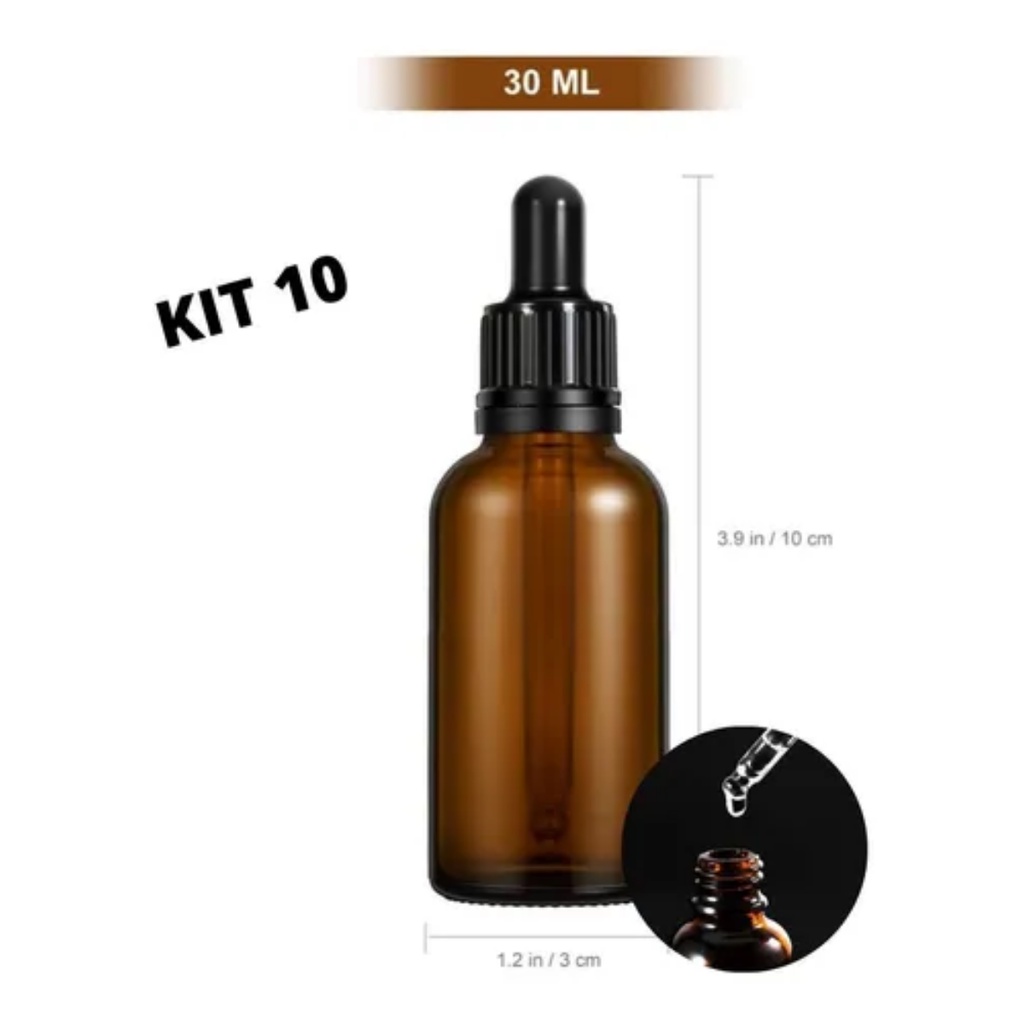 Kit 10 Frascos 30ml Âmbar Com Conta Gotas Vidro