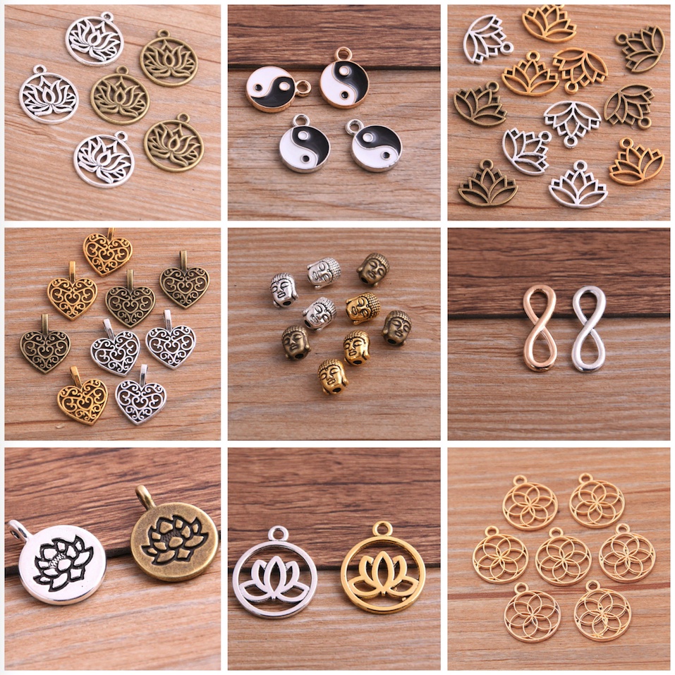 Imagem Kit 10 Pingentes ou Conectores Para Colares Pulseiras Japamalas Om Flor de Lótus Yin Yang Infinito Buda Coração