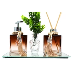 Kit Lavabo Banheiro Luxo Cubo Degrade Dourado 250ml Porta Sabonete e Aromatizador