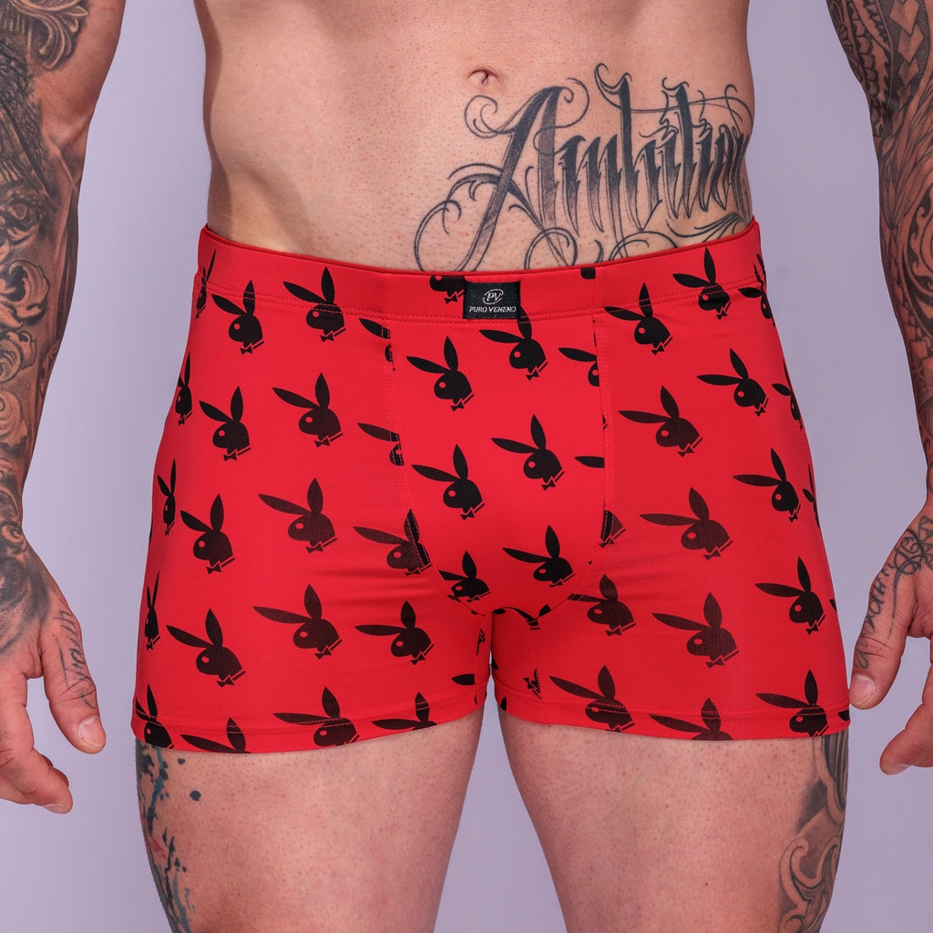 Cueca Boxer Adulto Microfibra Estampada - Playboy Vermelho