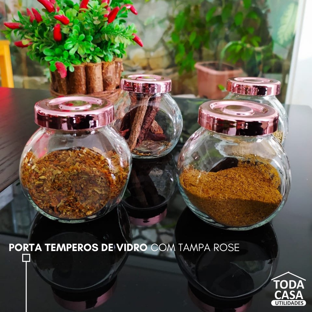 Porta Tempero 3 unidades, Pote de Vidro Transparente Com Tampa