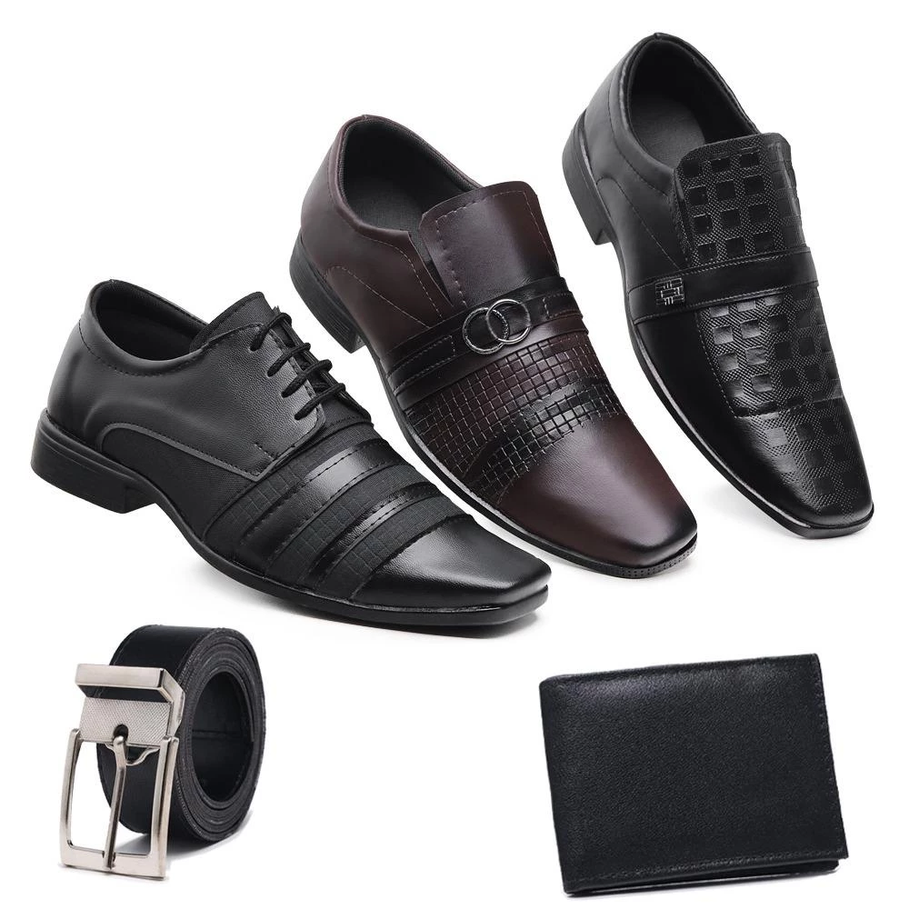 Kit 3 Pares Sapato Social Masculino Fosco Carteira + Cinto Da Moda Evangélica