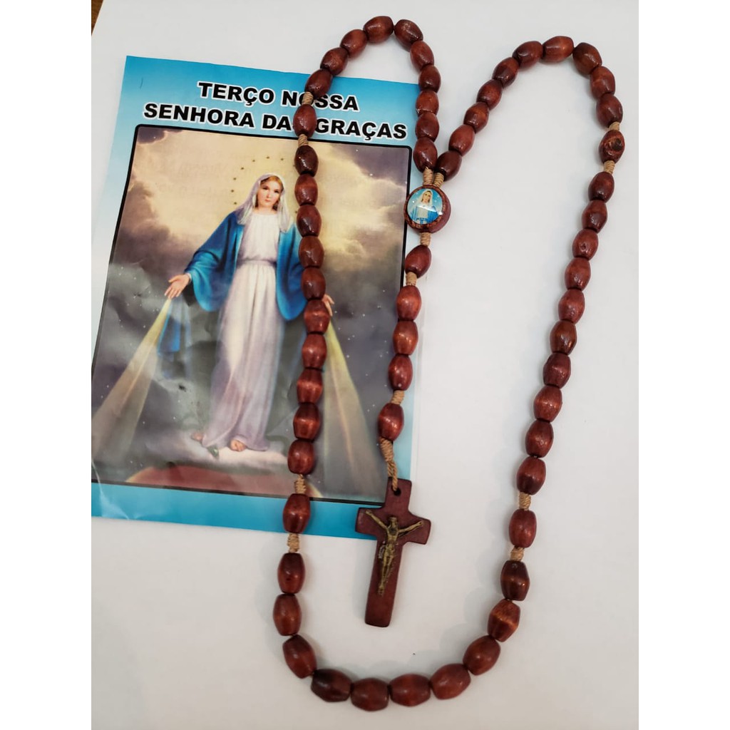 Lindo Terço Madeira Nossa Senhora Das Graças Em Madeira 43 Cm-Artigos Religiosos - Católicos-Terco religioso -Terco em madeira