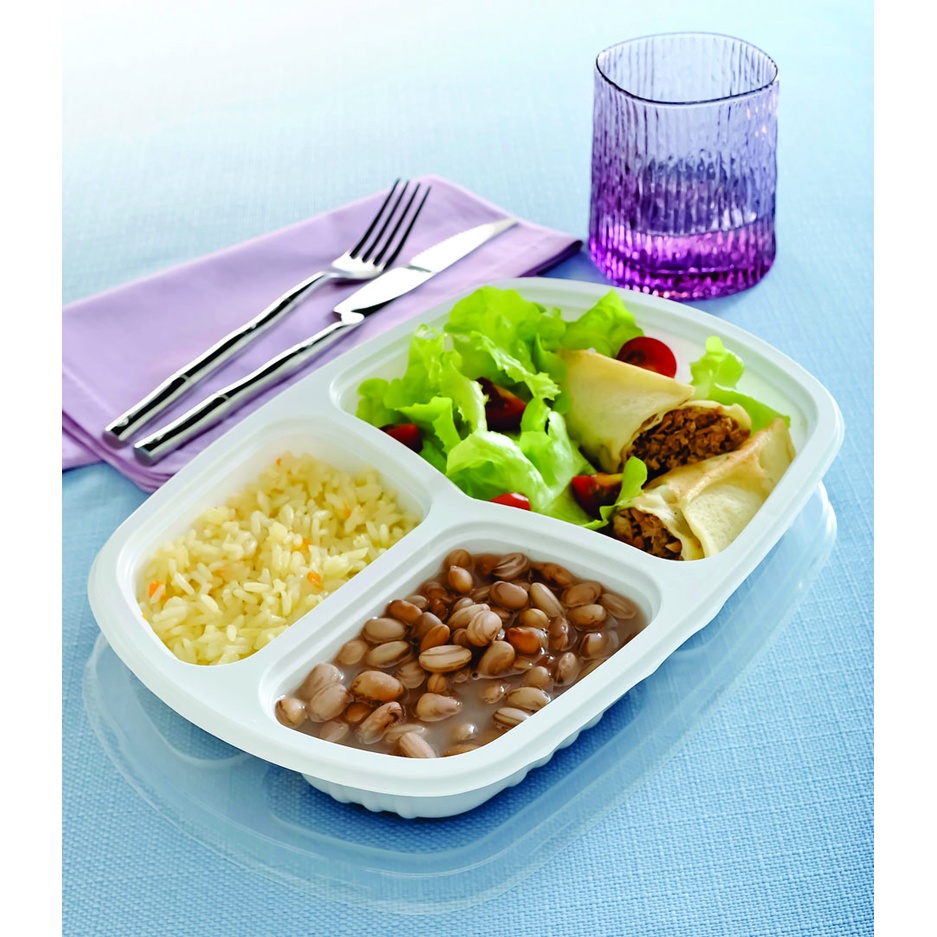 10 un Bandeja Fitness Retangular 3 Divisões c/Tampa Cristal G331 Galvanotek Premium