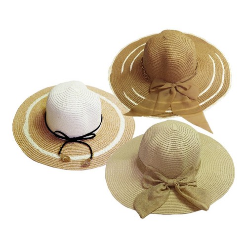 Kit 3 Chapéu De Praia Feminino Palha Floppy Aba Longa Luxo