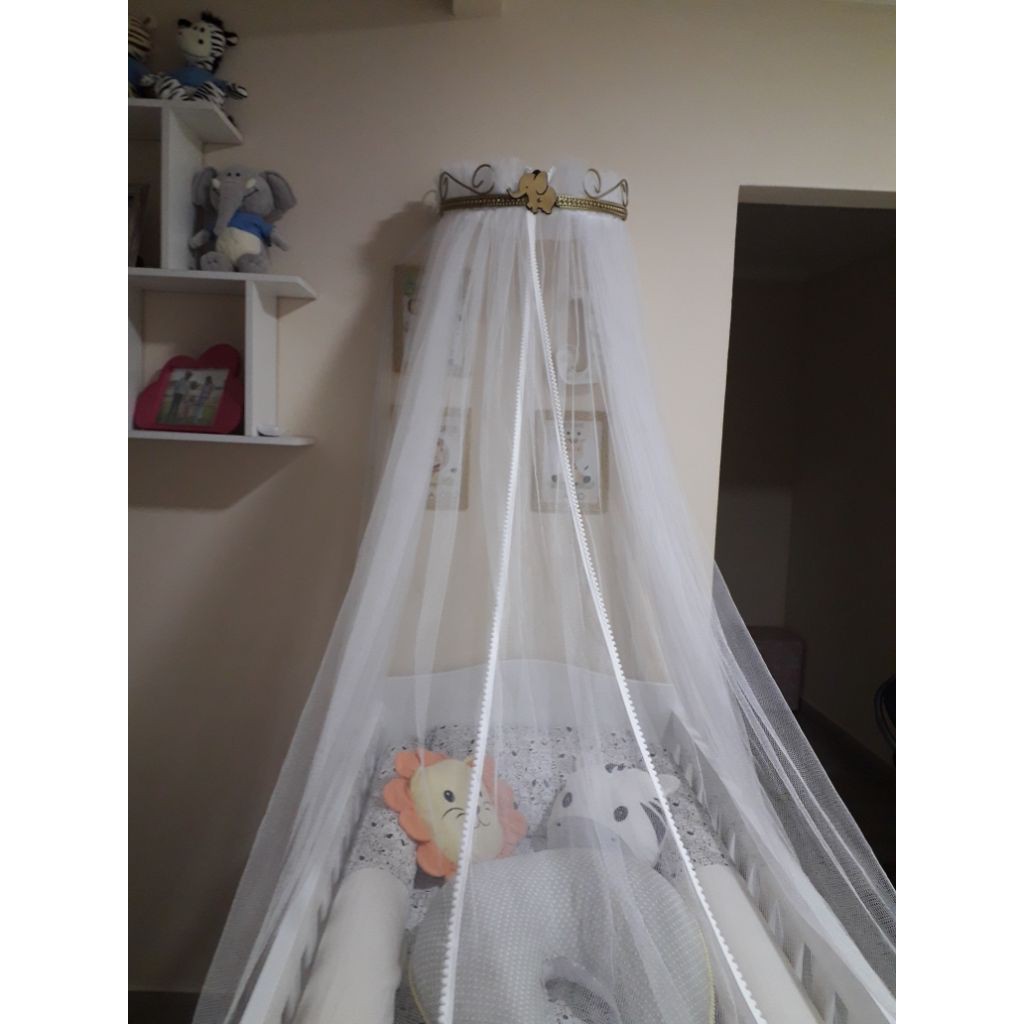Dossél de Parede Elefante Dourado + Veu tule com pompom Dossél Quarto de Bebê Menino Menina