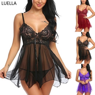 Pijamas de vestido suspensor de renda feminina