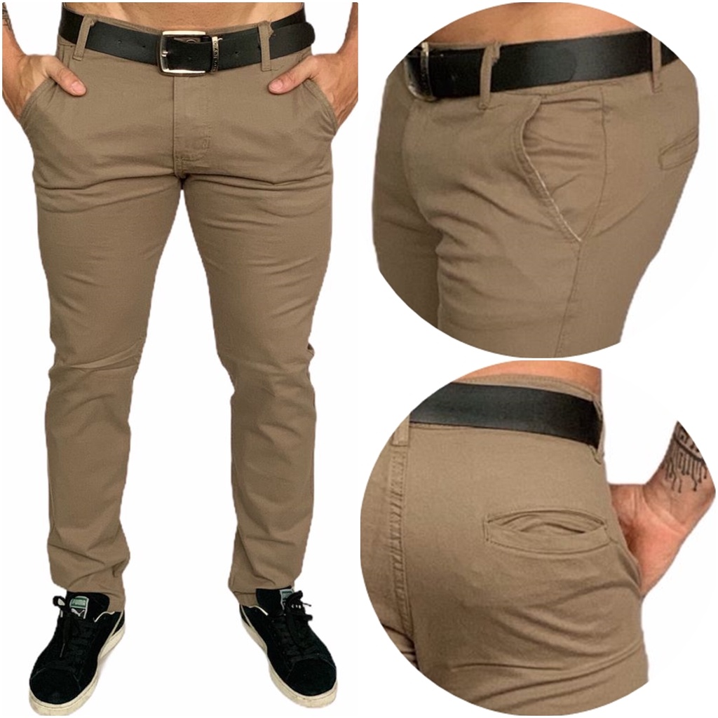 Calça Chino Slim Sarja Masculina Bege nova coleção 2022