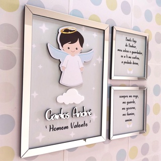 Quadrinhos Quadros Infantil Anjo da Guarda Quarto De Bebê Menino Moldura em Acrílico Prata Espelhado