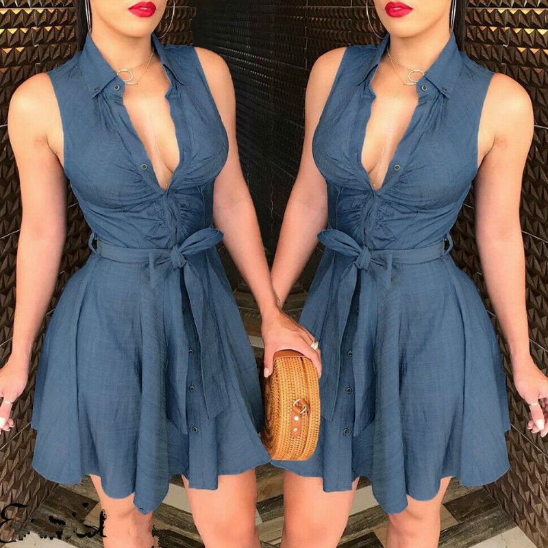 Mulheres Sem Mangas Denim V Profundo neck Dress Verão Mini Vestido Azul Com  Cinto Partido Curto De Roupas De | Shopee Brasil