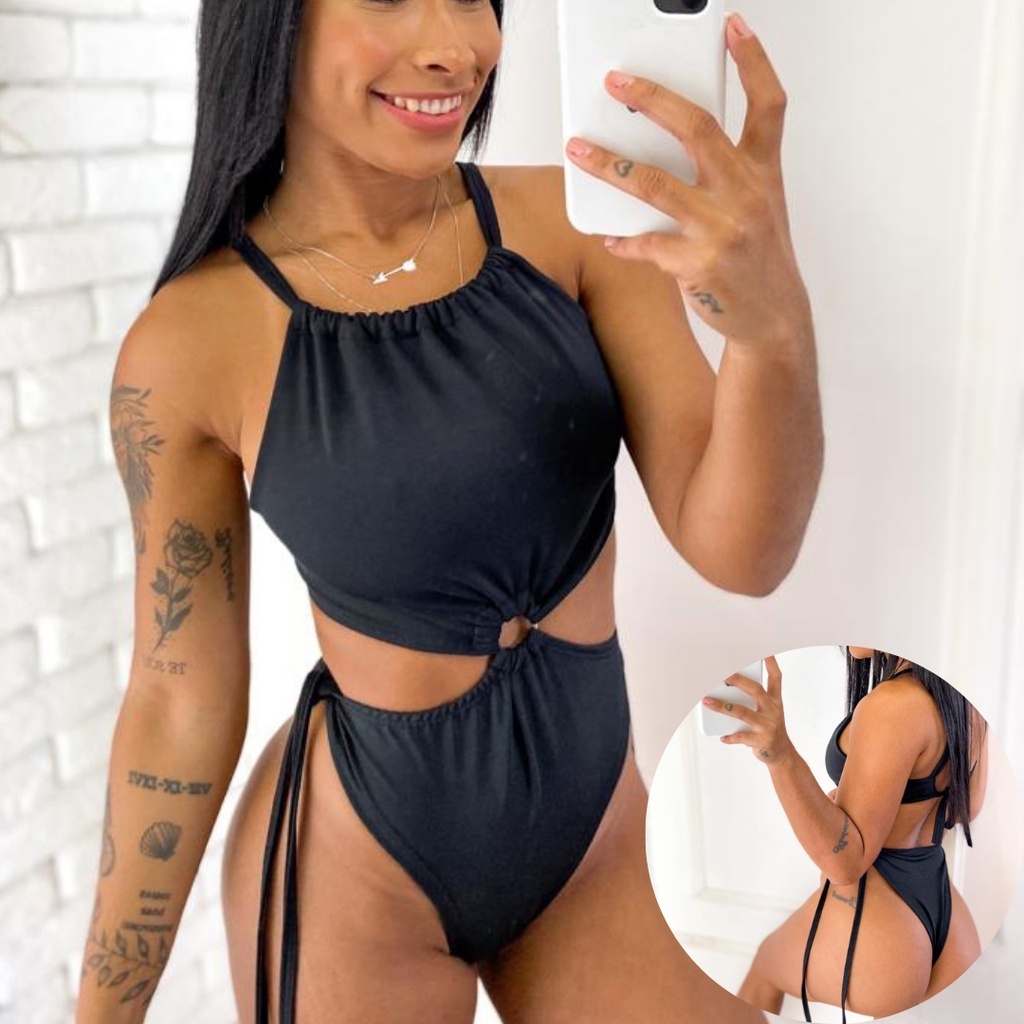 Body Maiô Feminino Alça fina Preto Alcinha Cavado Maio Praia Moda Verão