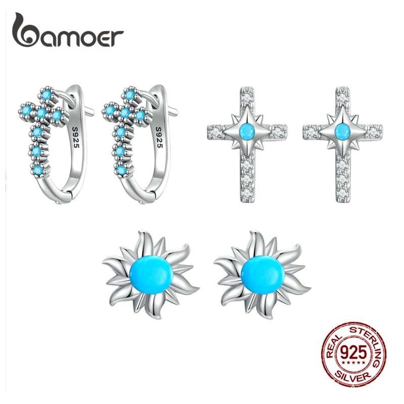 Bamoer Brincos S925 Moda Azul Sol Cruz Studs Brinco Fivelas De Prata Mulheres Meninas Jóias Presente