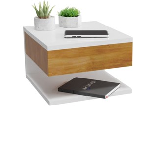 Mesa De Cabeceira Cor Branco E Madeira Freijó Mesinha Suspensa Com Gaveta e Prateleira MVD Móveis em Oferta na Shopee