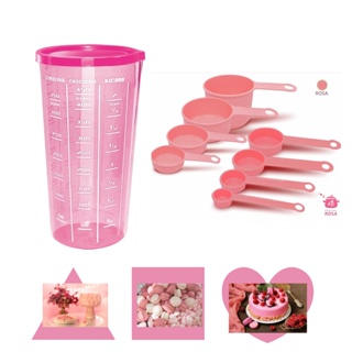 Medidores kit - 9 itens - ROSA - colheres, xicaras (rosa)  e copo com tampa (vermelho) em Oferta na Shopee