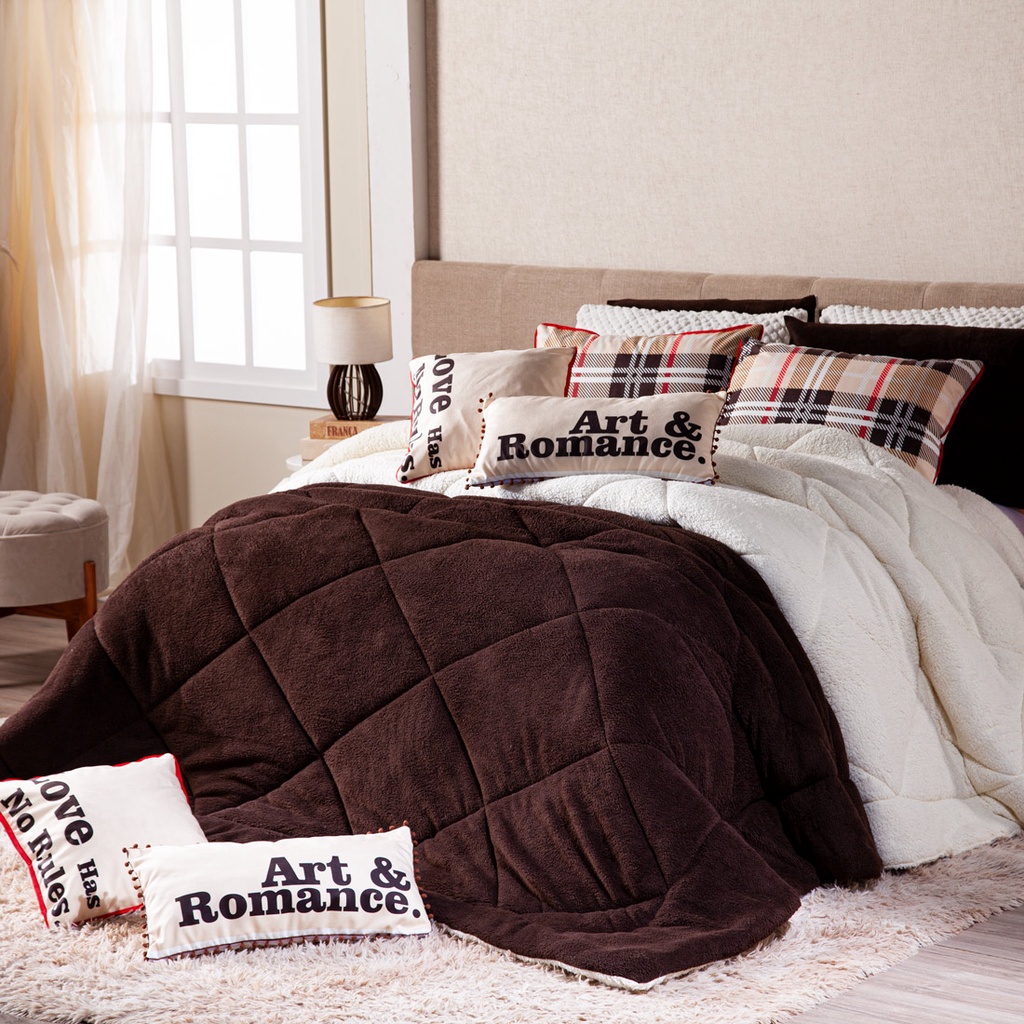 Kit Coberdrom Romance Tabaco c/ Almofada Para decoração King 05 Peças - Dupla Face Sherpa e Mantinha