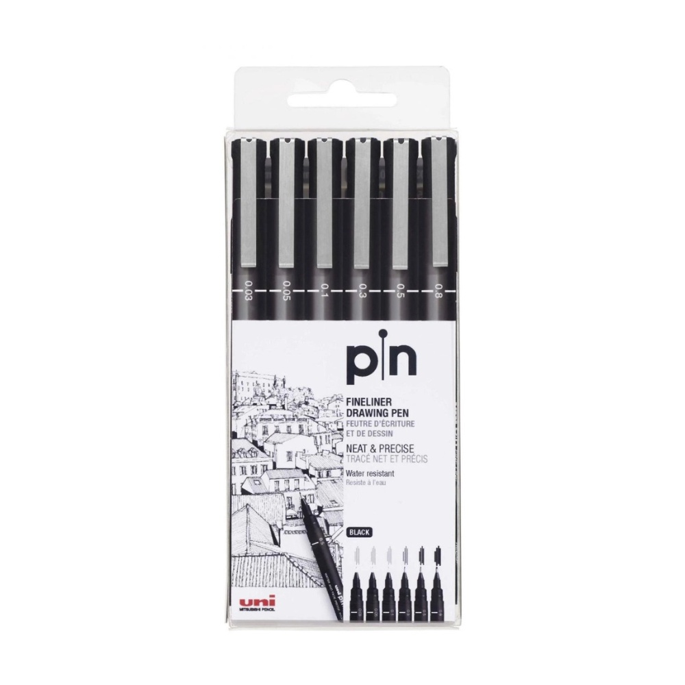 UNI PIN 200 Preta: Estojo com 6 canetas em Oferta na Shopee