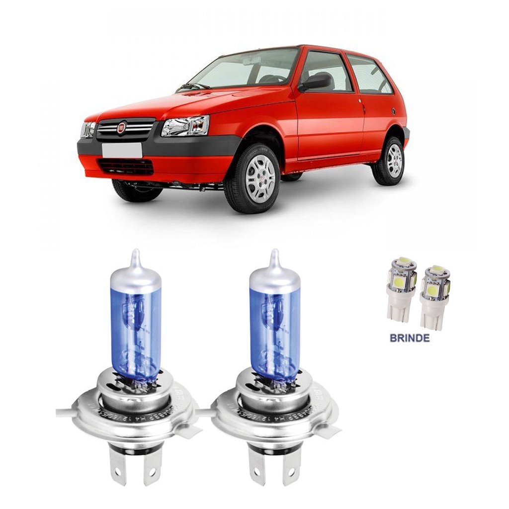 Par Lâmpada Super Branca H4 Fiat Uno Fire Way Vivace Sporting 1995 a 2015 + Brinde