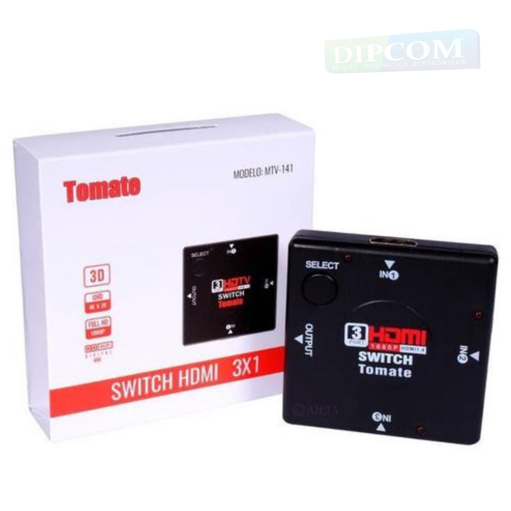 Switch HDMI 3x1 - 3 Portas IN e 1 Porta Output [Tomate MTV-141] Chave seletora