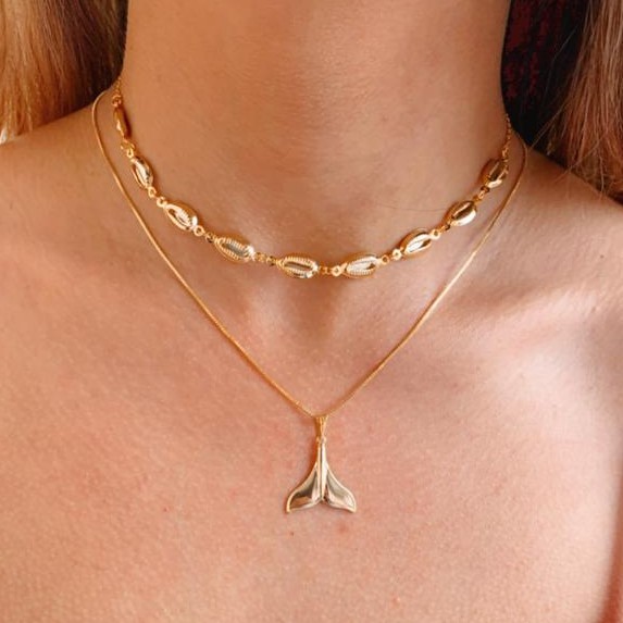 gargantilha Choker De Búzios Concha folheado ouro 18k + Colar calda Rabo De Sereia baleia Ouro 18k