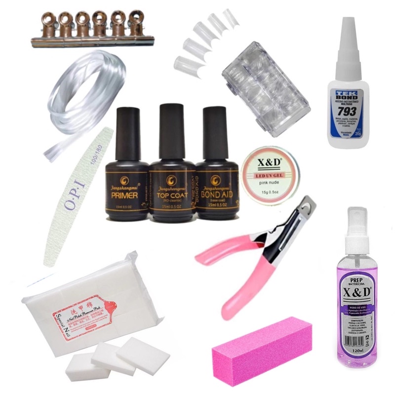 Kit pretinho Do Poder Top Coat + Primer +Bond Aid + Prep XED + Algodão Prensado Para Unhas + Lixa Bumerangue + Alicate + 2 Metros De Fibra de Viro + Gel X&D + 6 Presilhas + Tek Bond + Lixa Bloco