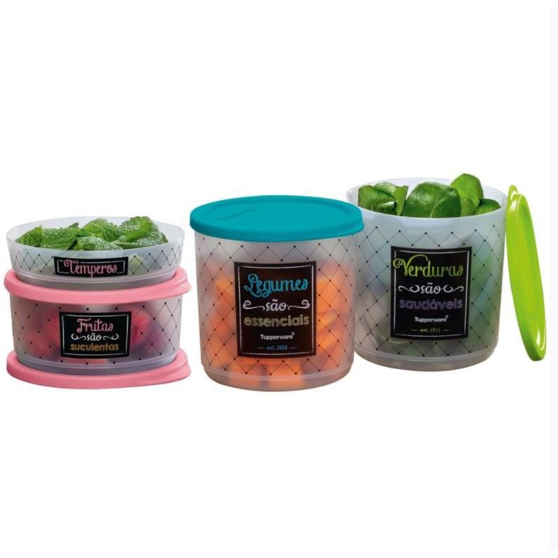 Pote Refri Line Redondo Bistrô Preto e Branco (PB) Floral (frutas, legumes, verduras, tempero, enlatados, molhos) Tupperware