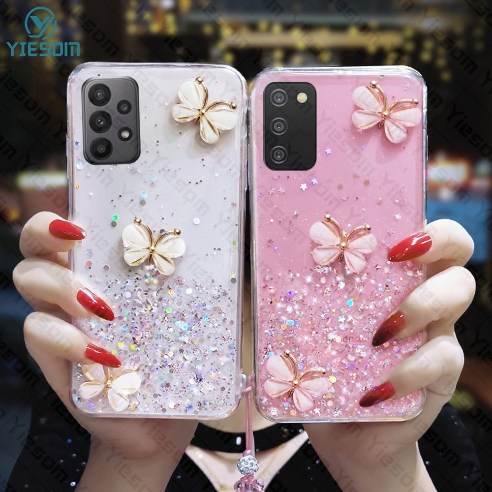 Capa De Celular Flexível De Silicone Com Glitter E Borboleta Cordão De Cristal Para Samsung A13/A73/A53/A33/A23/A03S/A03 Core/A52S